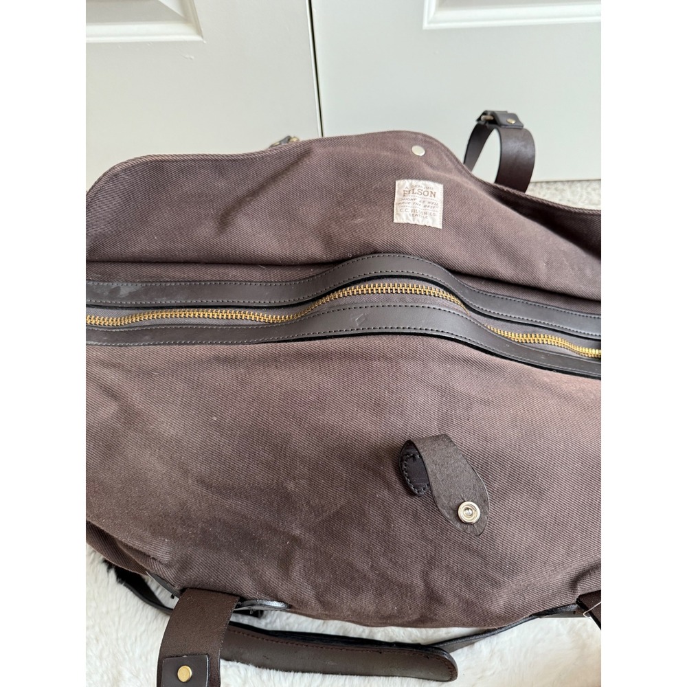 Filson Rugged Twill Duffle Bag Cinder Brown Leather Trim Travel Heavy Canvas - Picture 7 of 16